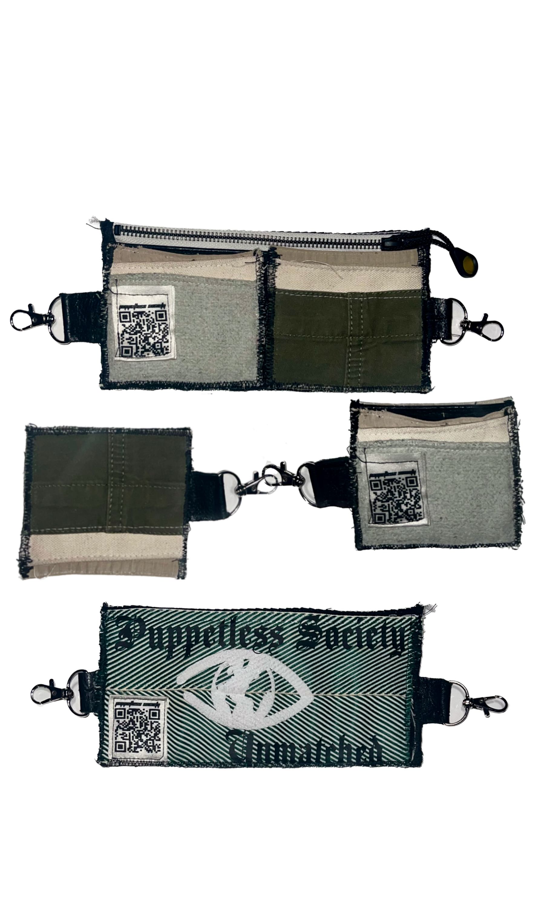 v2 wallet 5 pocket 1 of 1 wallet, transforms into separating card holder and zippered compartment. Attachable via swivel hook