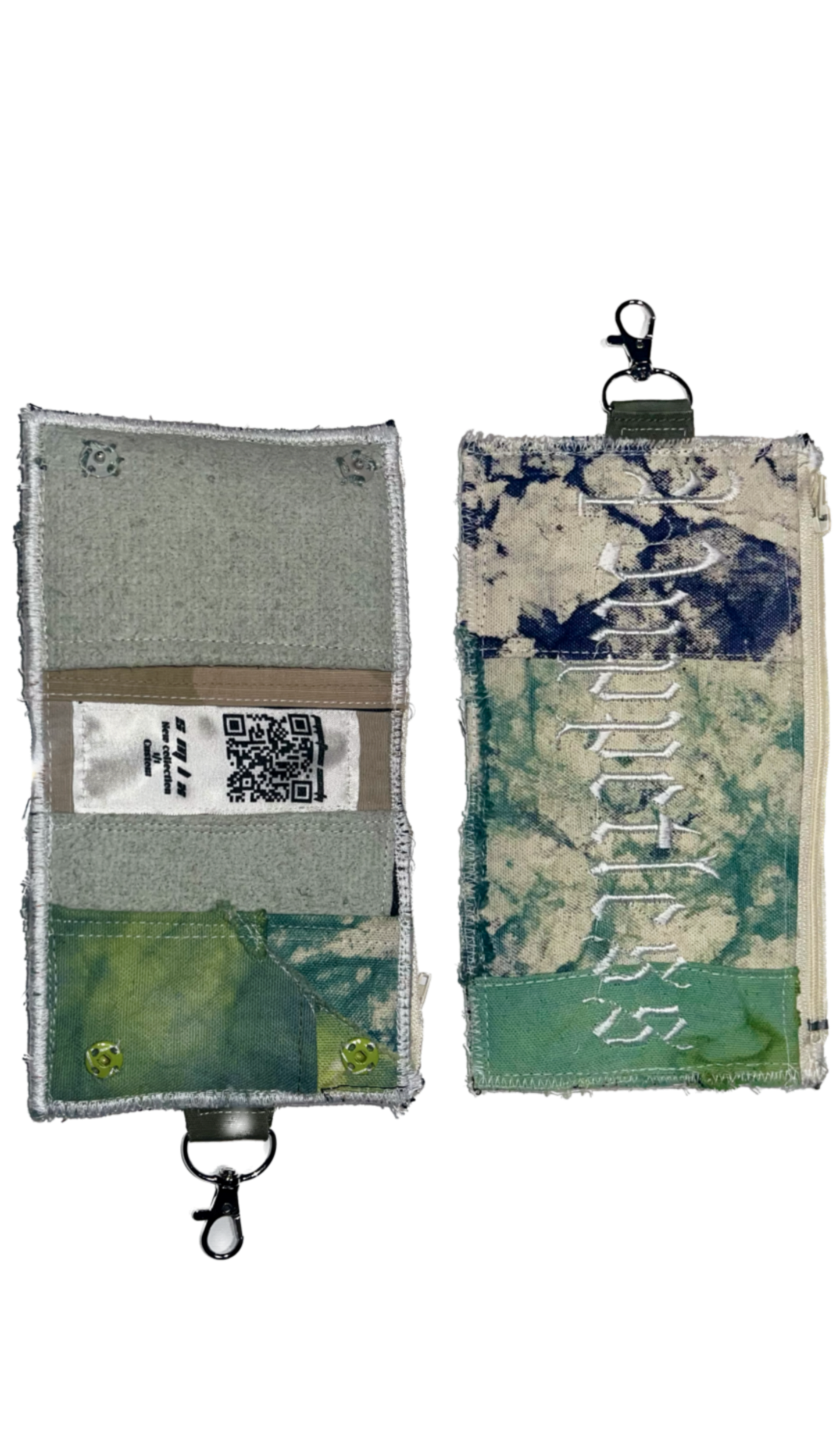 V1 (7) compartment wallet. zippered closure 3 slots for wallet. Handmade 1 of 1 wallet. All varied dyed, embroidered, patchwork 1 of 1 wallet. Exclusively Handmade in bk nyc