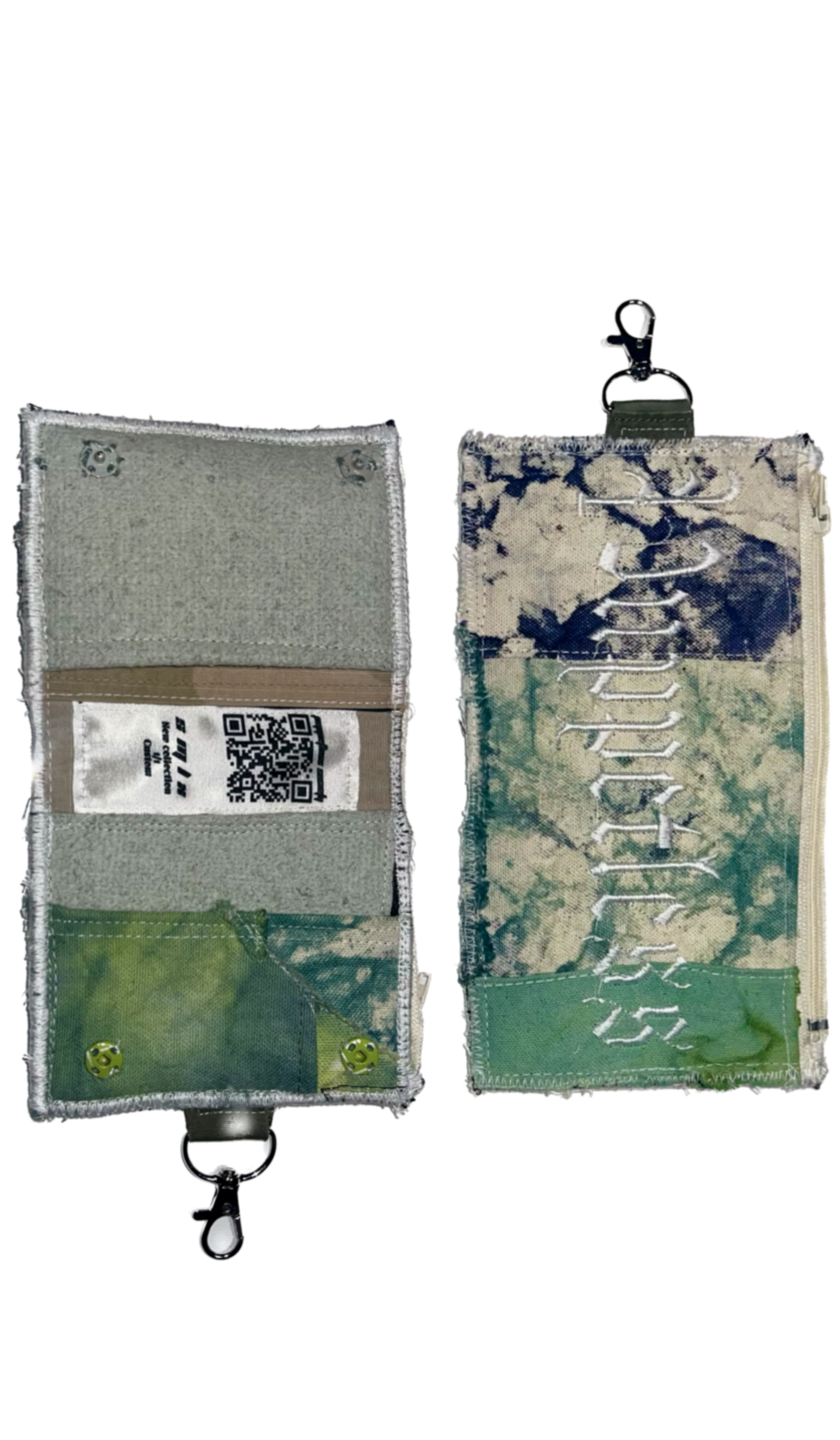 V1 (7) compartment wallet. zippered closure 3 slots for wallet. Handmade 1 of 1 wallet. All varied dyed, embroidered, patchwork 1 of 1 wallet. Exclusively Handmade in bk nyc