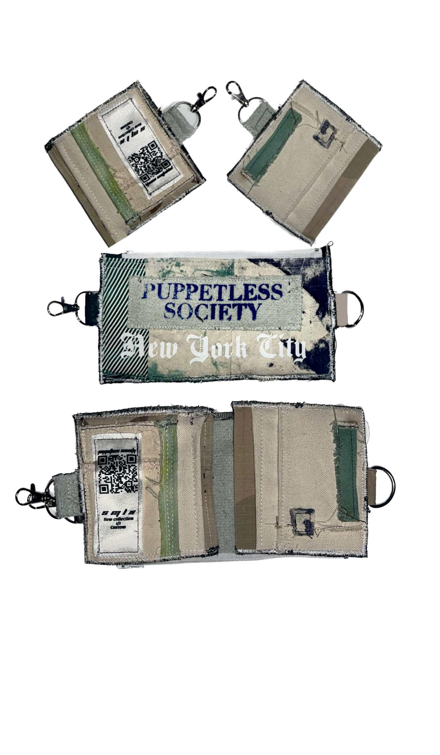 v2 wallet 5 pocket 1 of 1 wallet, transforms into separating card holder and zippered compartment. Attachable via swivel hook