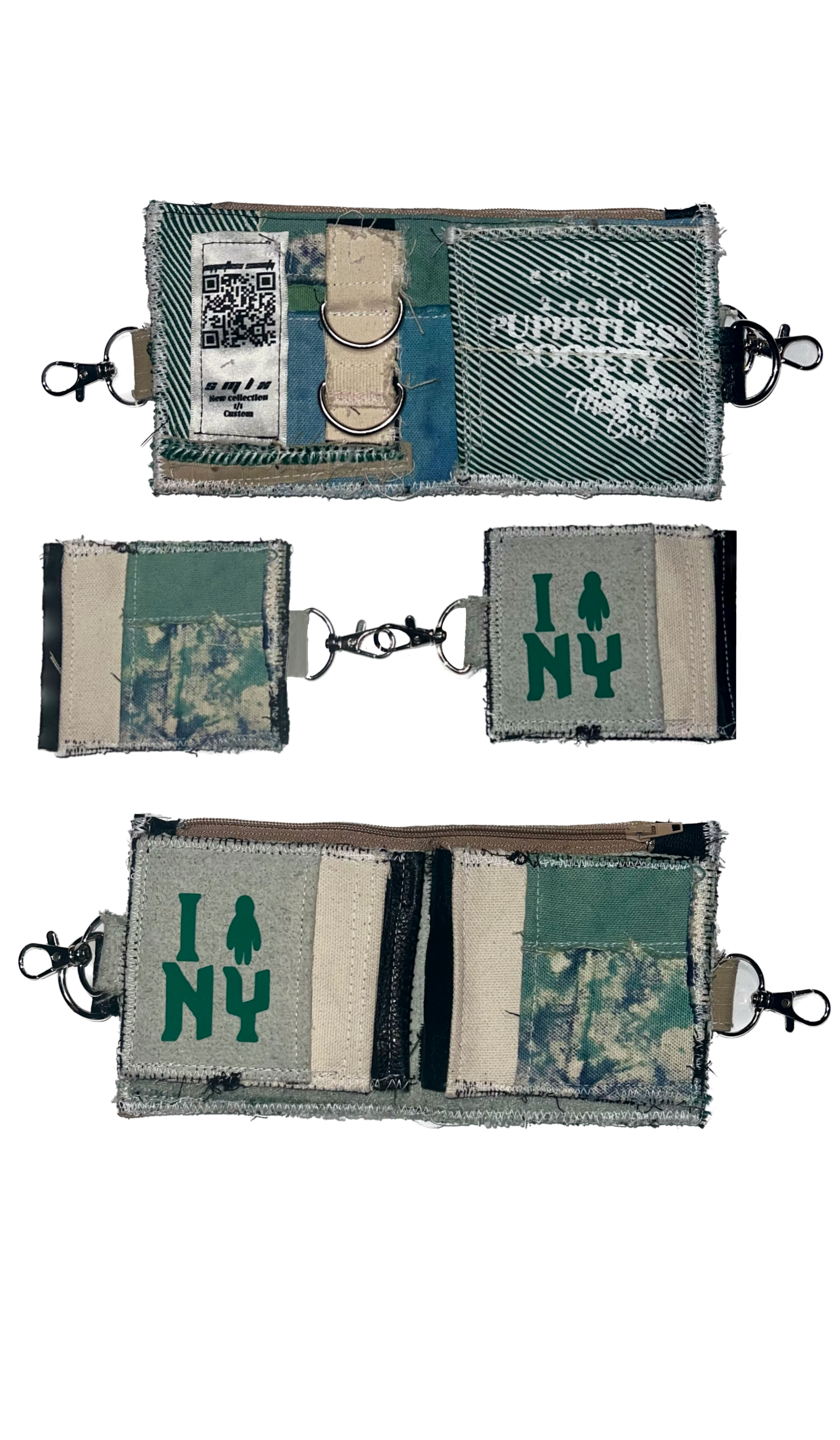 v2 wallet 5 pocket 1 of 1 wallet, transforms into separating card holder and zippered compartment. Attachable via swivel hook