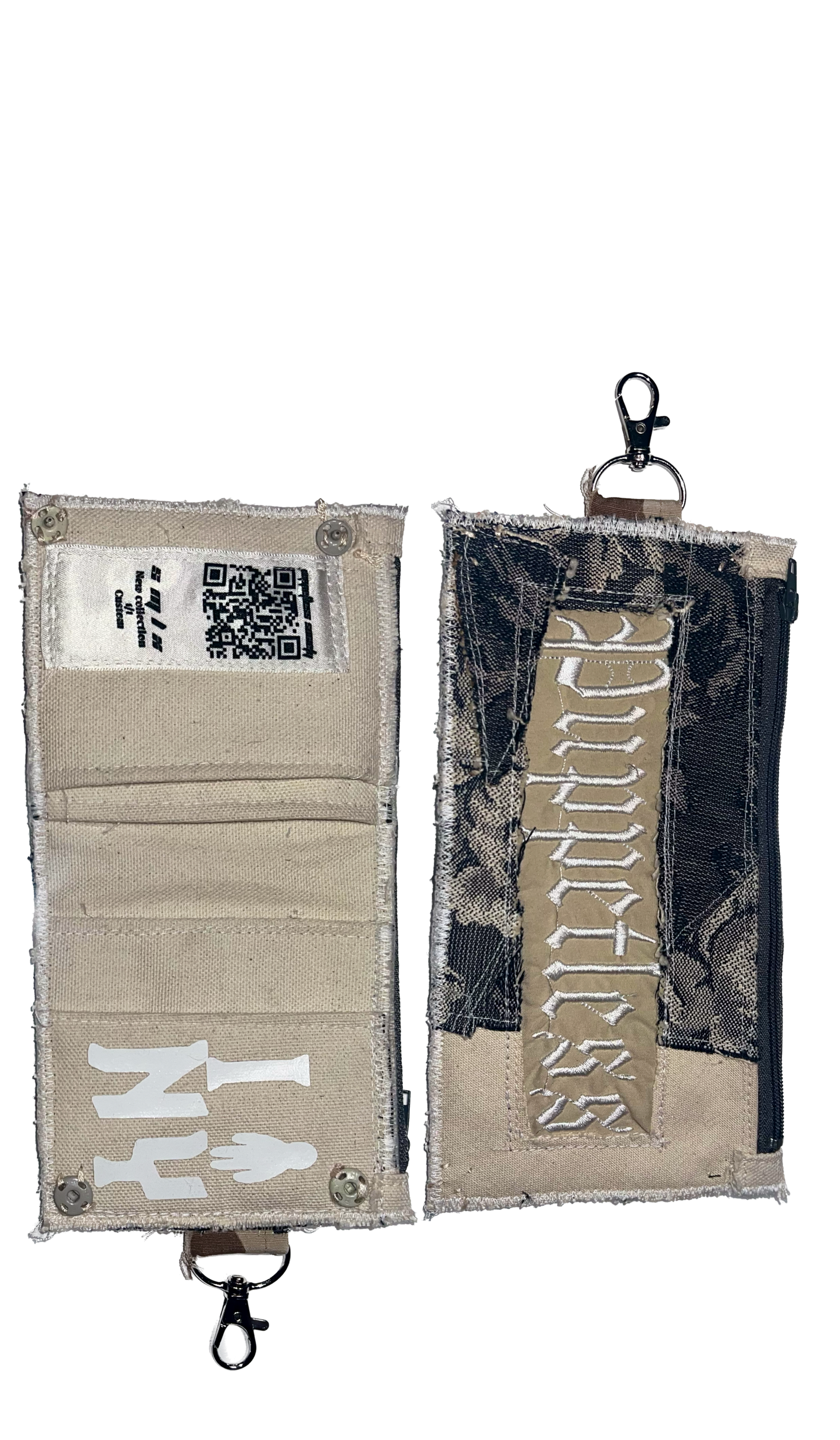 V1 (7) compartment wallet. zippered closure 3 slots for wallet. Handmade 1 of 1 wallet. All varied, embroidered, patchwork 1 of 1 wallet. Exclusively Handmade in bk nyc