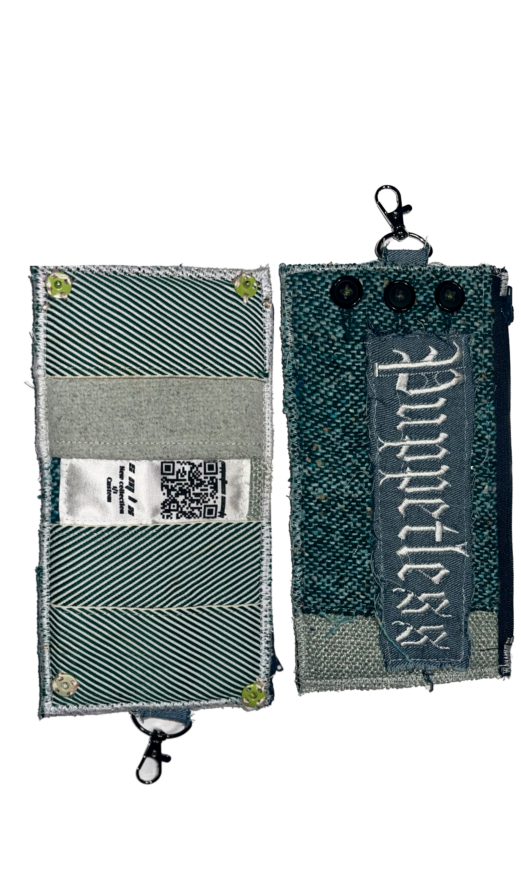 V1 (7) compartment wallet. zippered closure 3 slots for wallet. Handmade 1 of 1 wallet. All varied, embroidered, patchwork 1 of 1 wallet. Attachable via swivel hook.Exclusively Handmade in bk nyc